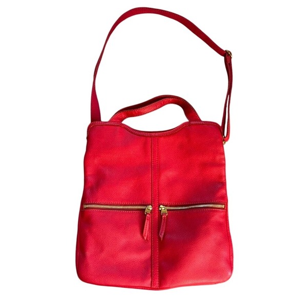 Fossil Erin Leather Foldover Tote Bag Red Leather Crossbody Western - Picture 1 of 9